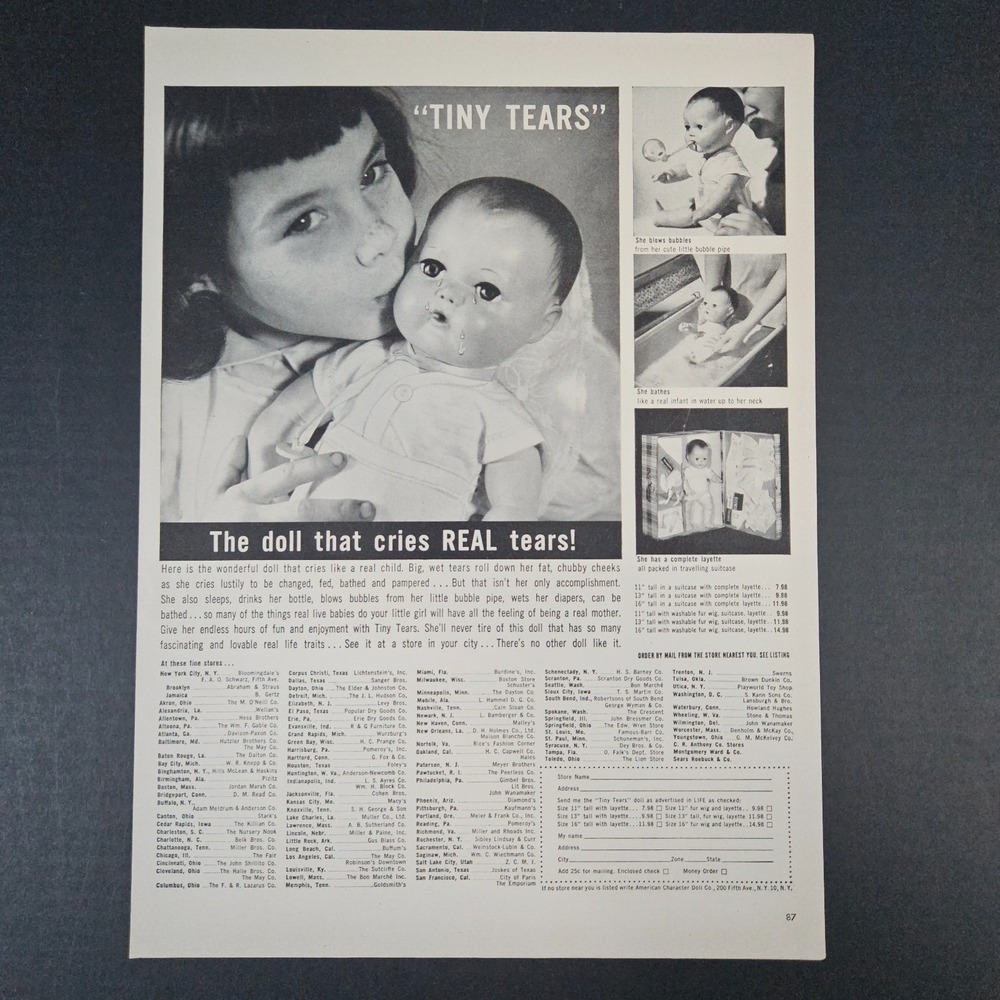 1951 Tiny Tears Crying‎ Baby Doll Toy Vintage Print Ad Blows Bubbles Accessories